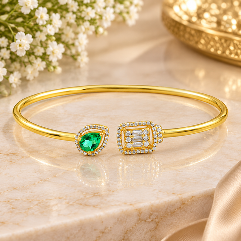 GOURIK 14K Gold Plated Lab Created Emerald Cuff Bracelet for Women | Emerald Simulated Diamond Open Bangle | Gold Cuff bracelets for women | Trendy Gold Bracelets for Women | Gift For Her
