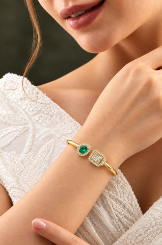 GOURIK 14K Gold Plated Lab Created Emerald Cuff Bracelet for Women | Emerald Simulated Diamond Open Bangle | Gold Cuff bracelets for women | Trendy Gold Bracelets for Women | Gift For Her