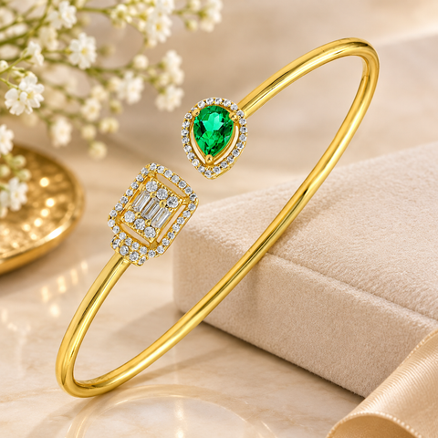 GOURIK 14K Gold Plated Lab Created Emerald Cuff Bracelet for Women | Emerald Simulated Diamond Open Bangle | Gold Cuff bracelets for women | Trendy Gold Bracelets for Women | Gift For Her