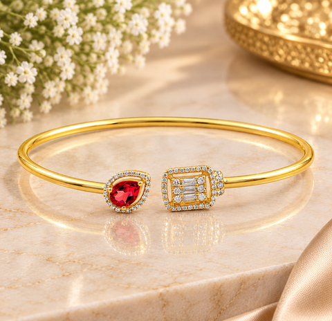 GOURIK 14K Gold Plated Lab Created Ruby Cuff Bracelet for Women - Ruby Simulated Diamond Open Bangle - Trendy Gold Bracelets for Women - Birthday Day Christmas Gift for Her