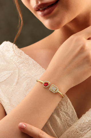 GOURIK 14K Gold Plated Lab Created Ruby Cuff Bracelet for Women - Ruby Simulated Diamond Open Bangle - Trendy Gold Bracelets for Women - Birthday Day Christmas Gift for Her