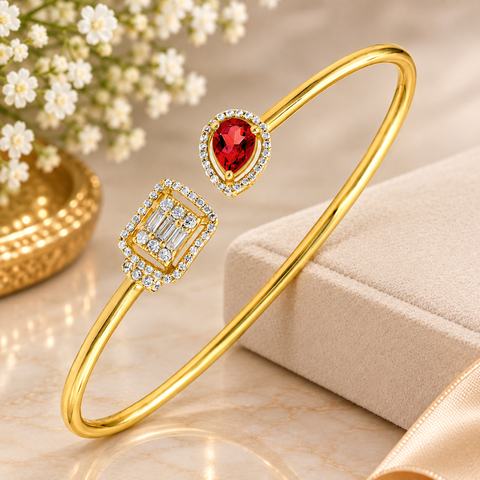 GOURIK 14K Gold Plated Lab Created Ruby Cuff Bracelet for Women - Ruby Simulated Diamond Open Bangle - Trendy Gold Bracelets for Women - Birthday Day Christmas Gift for Her