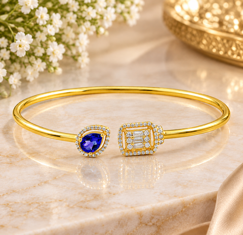 GOURIK 14K Gold Plated Lab Created Blue Sapphire Cuff Bracelet for Women - Sapphire Simulated Diamond Open Bangle - Trendy Light Weight Gold Bracelets - Anniversary Christmas Gift for Her