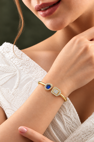 GOURIK 14K Gold Plated Lab Created Blue Sapphire Cuff Bracelet for Women - Sapphire Simulated Diamond Open Bangle - Trendy Light Weight Gold Bracelets - Anniversary Christmas Gift for Her