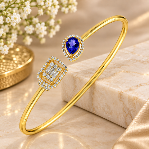 GOURIK 14K Gold Plated Lab Created Blue Sapphire Cuff Bracelet for Women - Sapphire Simulated Diamond Open Bangle - Trendy Light Weight Gold Bracelets - Anniversary Christmas Gift for Her