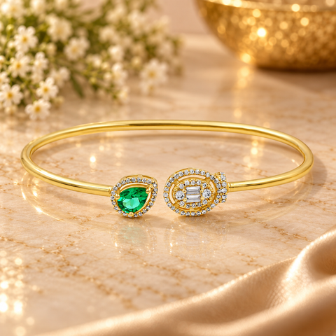 GOURIK 18K Gold Plated Lab Created Emerald & Simulated Diamond Open Bangle for Women | May Birthstone Cuff Bracelet | Handmade Jewelry Gift for Her