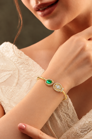 GOURIK 18K Gold Plated Lab Created Emerald & Simulated Diamond Open Bangle for Women | May Birthstone Cuff Bracelet | Handmade Jewelry Gift for Her