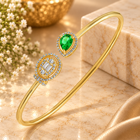 GOURIK 18K Gold Plated Lab Created Emerald & Simulated Diamond Open Bangle for Women | May Birthstone Cuff Bracelet | Handmade Jewelry Gift for Her