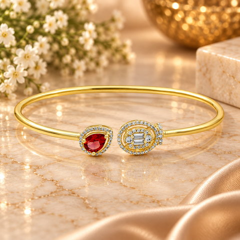 GOURIK 18K Gold Plated Lab Created Ruby & Simulated Diamond Open Bangle for Women | July Birthstone Cuff Bracelet | Handmade Jewelry Gift for Her