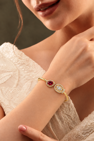 GOURIK 18K Gold Plated Lab Created Ruby & Simulated Diamond Open Bangle for Women | July Birthstone Cuff Bracelet | Handmade Jewelry Gift for Her
