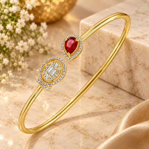 GOURIK 18K Gold Plated Lab Created Ruby & Simulated Diamond Open Bangle for Women | July Birthstone Cuff Bracelet | Handmade Jewelry Gift for Her