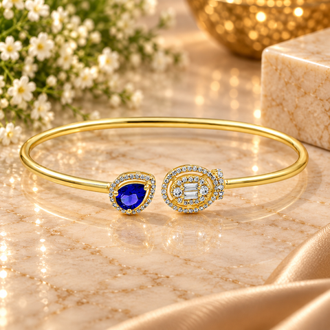 GOURIK 18K Gold Plated Lab Created Blue Sapphire & Simulated Diamond Open Bangle for Women | September Birthstone Cuff Bracelet | Handmade Jewelry Gift for Her