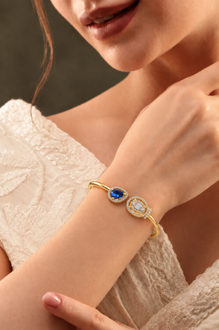GOURIK 18K Gold Plated Lab Created Blue Sapphire & Simulated Diamond Open Bangle for Women | September Birthstone Cuff Bracelet | Handmade Jewelry Gift for Her