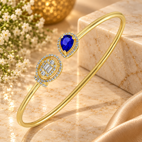 GOURIK 18K Gold Plated Lab Created Blue Sapphire & Simulated Diamond Open Bangle for Women | September Birthstone Cuff Bracelet | Handmade Jewelry Gift for Her